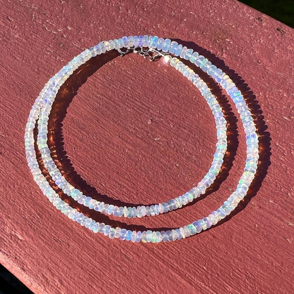 Handcraft Natural Untreated Welo Opal Necklace 14K White Gold, 14th Anniversary - Picture 4 of 10